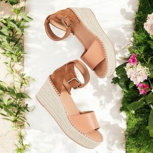 Soludos Palermo Platform Wedge Tan & Ivory Suede Leather & Braided Jute Size 7.5